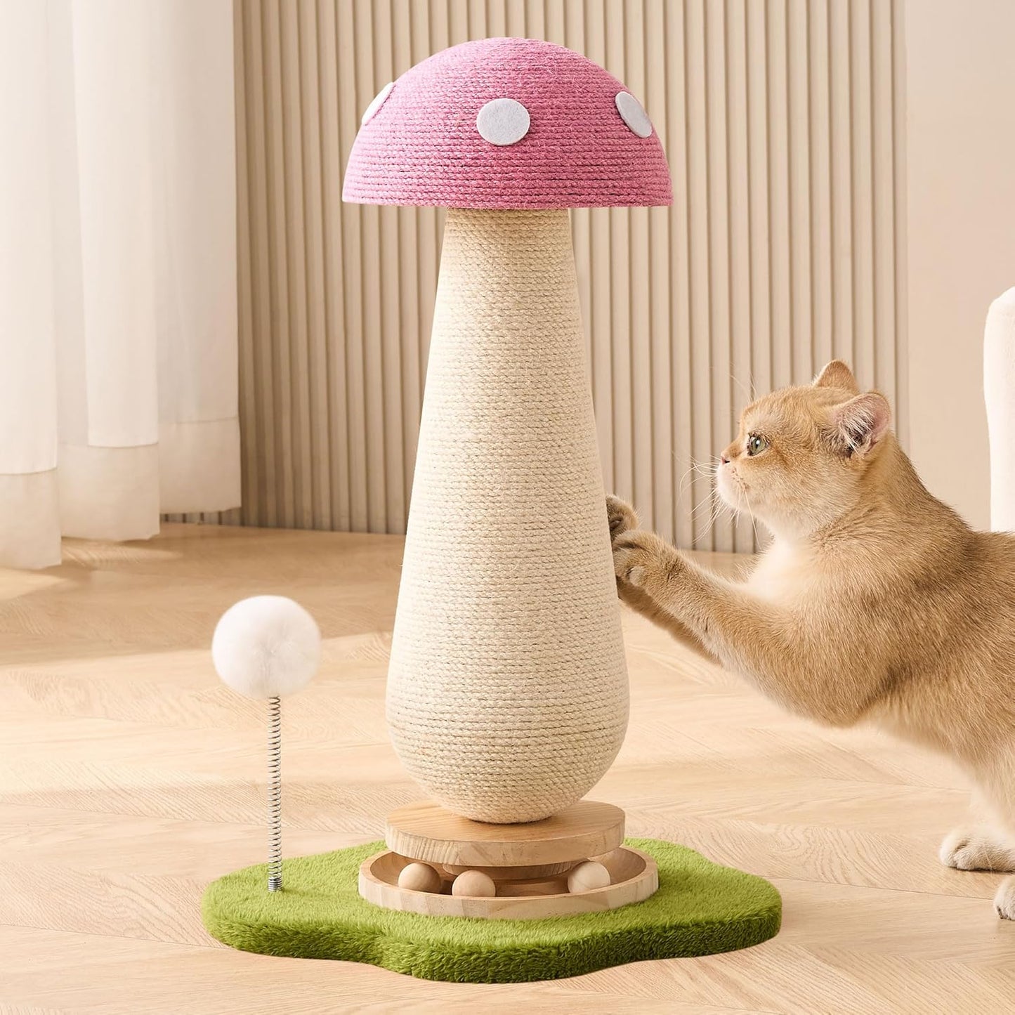 Pink Mushroom Cat Scratching Post Cat Tree, 21.5‘’ H Cute Cat Scratcher Tower with Durable Solid Wood Turntable Toy, Baby Pink Mushroom Scratch Post Cat Sisal Scratcher with Catnip for Indoor Adult Cats