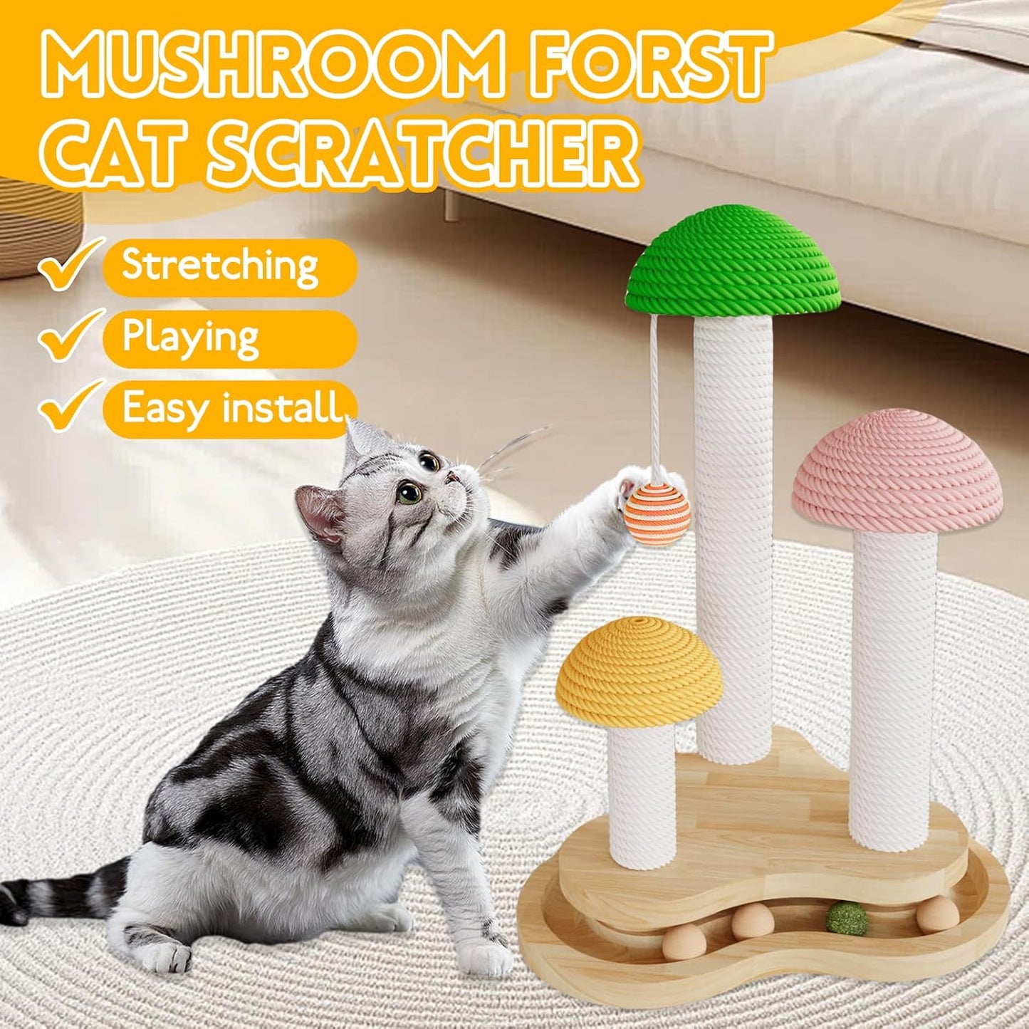 Mushroom Cat Scratcher for Kittens and Small Cats, Multi-Level Sisal Scratching Post with Hanging & Track Balls, Sturdy Wooden Base Cat Furniture for Indoor Cats’ Scratching & Playing