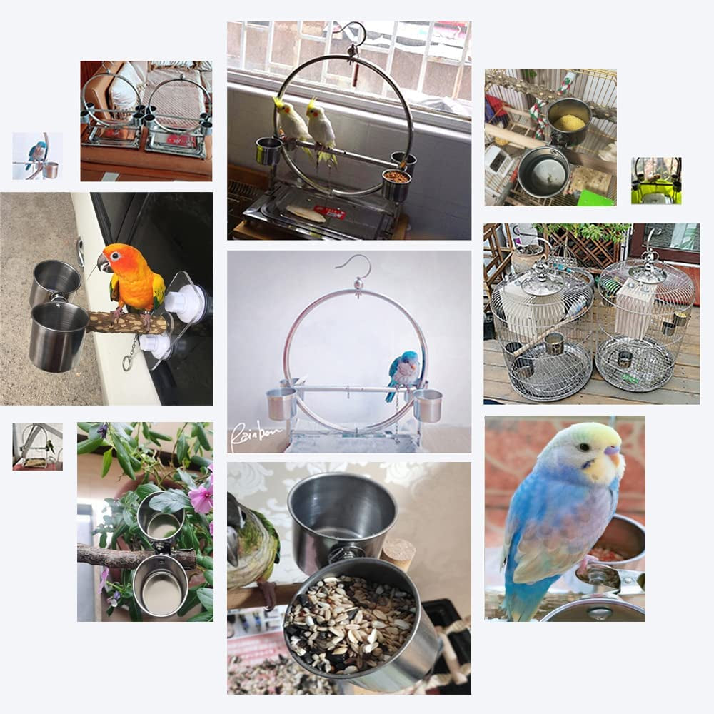 Bird Feeding Cups - Parrot Food Dish Stainless Steel Parrot Feeders Water Cage Bowls with Clamp Holder for Parakeet African Greys Conure Cockatiels Budgies Chinchilla Small Animal