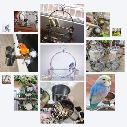 Bird Feeding Cups - Parrot Food Dish Stainless Steel Parrot Feeders Water Cage Bowls with Clamp Holder for Parakeet African Greys Conure Cockatiels Budgies Chinchilla Small Animal