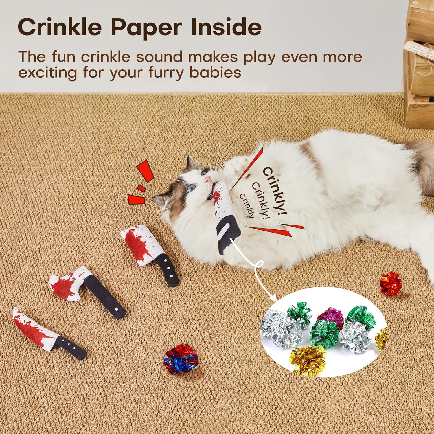 4Pcs Cat Toys, Horror Halloween Knife-Shaped Kitten Catnip Crinkly Sound Toys, Indoor Exercise for All Cat Breeds 6.5 Inches