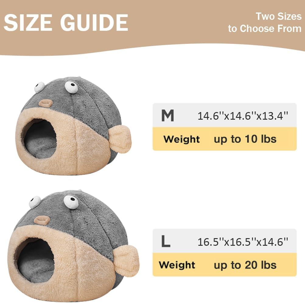 Cat Beds for Indoor Cats - Cat Bed Cave with Removable Washable Cushioned Pillow,2 in 1 Super Soft Cat Tent for Kitten and Small Cats, Lively Pufferfish Animal-Shape & Furniture, Grey Multiple Sizes