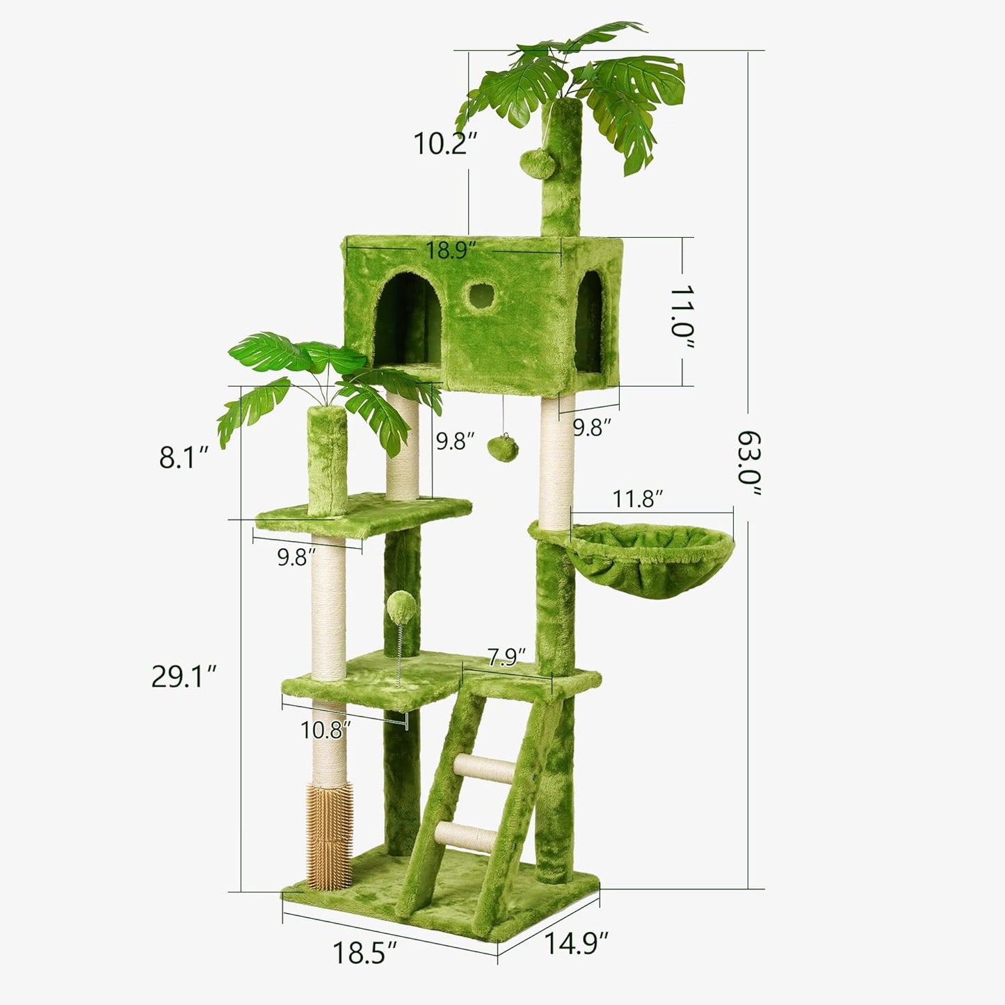 65In Tall Cat Tree with Leaves for Indoor Cats, Green Cat Tower with Scratching Post,Hanging Hammock,Cozy Perch,Swing Ball,Self Groomer and Cat Ladder,Cat Tree Tower