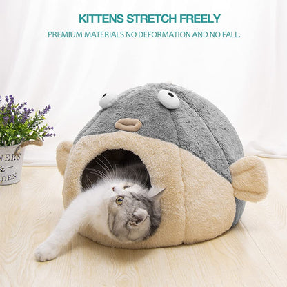 Cat Beds for Indoor Cats - Cat Bed Cave with Removable Washable Cushioned Pillow,2 in 1 Super Soft Cat Tent for Kitten and Small Cats, Lively Pufferfish Animal-Shape & Furniture, Grey Multiple Sizes