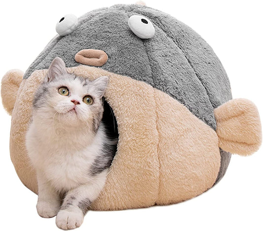 Cat Beds for Indoor Cats - Cat Bed Cave with Removable Washable Cushioned Pillow,2 in 1 Super Soft Cat Tent for Kitten and Small Cats, Lively Pufferfish Animal-Shape & Furniture, Grey Multiple Sizes
