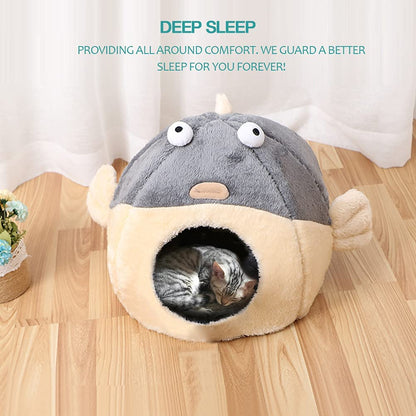 Cat Beds for Indoor Cats - Cat Bed Cave with Removable Washable Cushioned Pillow,2 in 1 Super Soft Cat Tent for Kitten and Small Cats, Lively Pufferfish Animal-Shape & Furniture, Grey Multiple Sizes