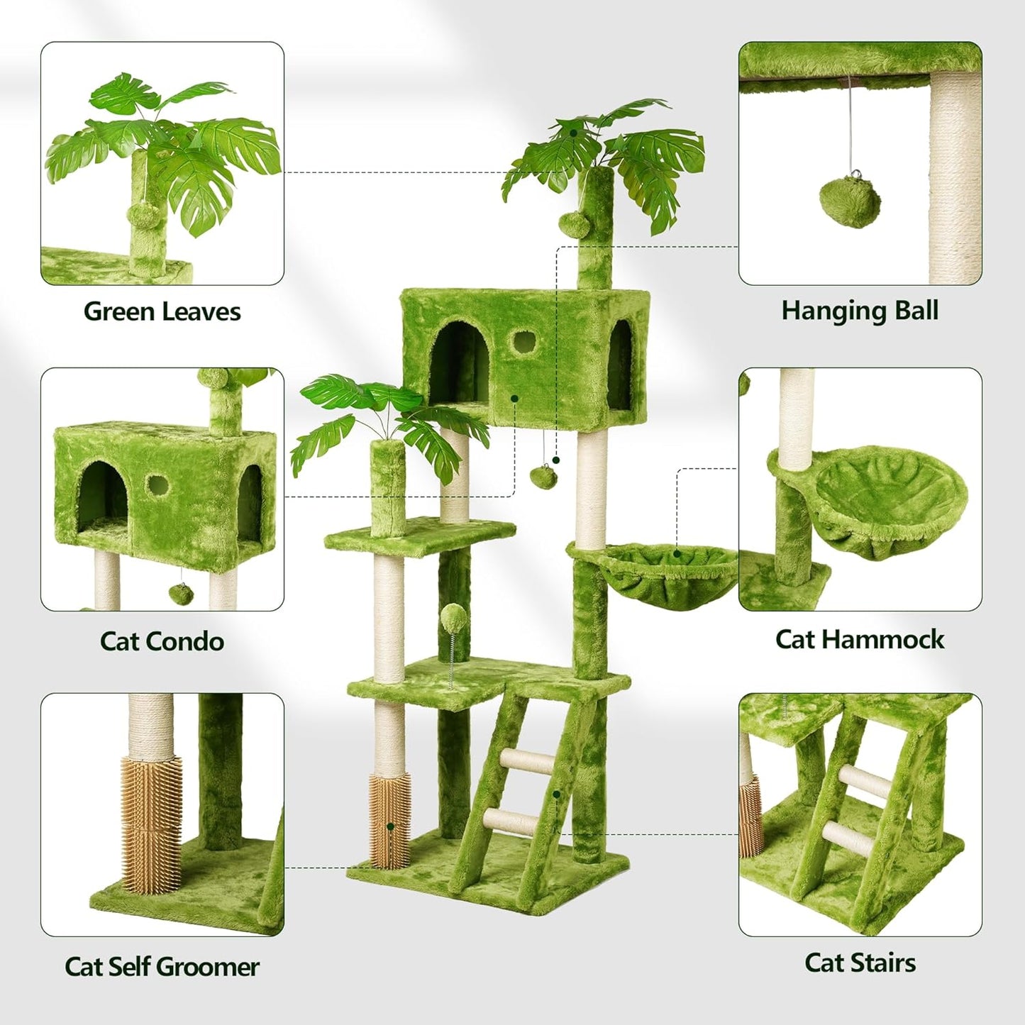 65In Tall Cat Tree with Leaves for Indoor Cats, Green Cat Tower with Scratching Post,Hanging Hammock,Cozy Perch,Swing Ball,Self Groomer and Cat Ladder,Cat Tree Tower