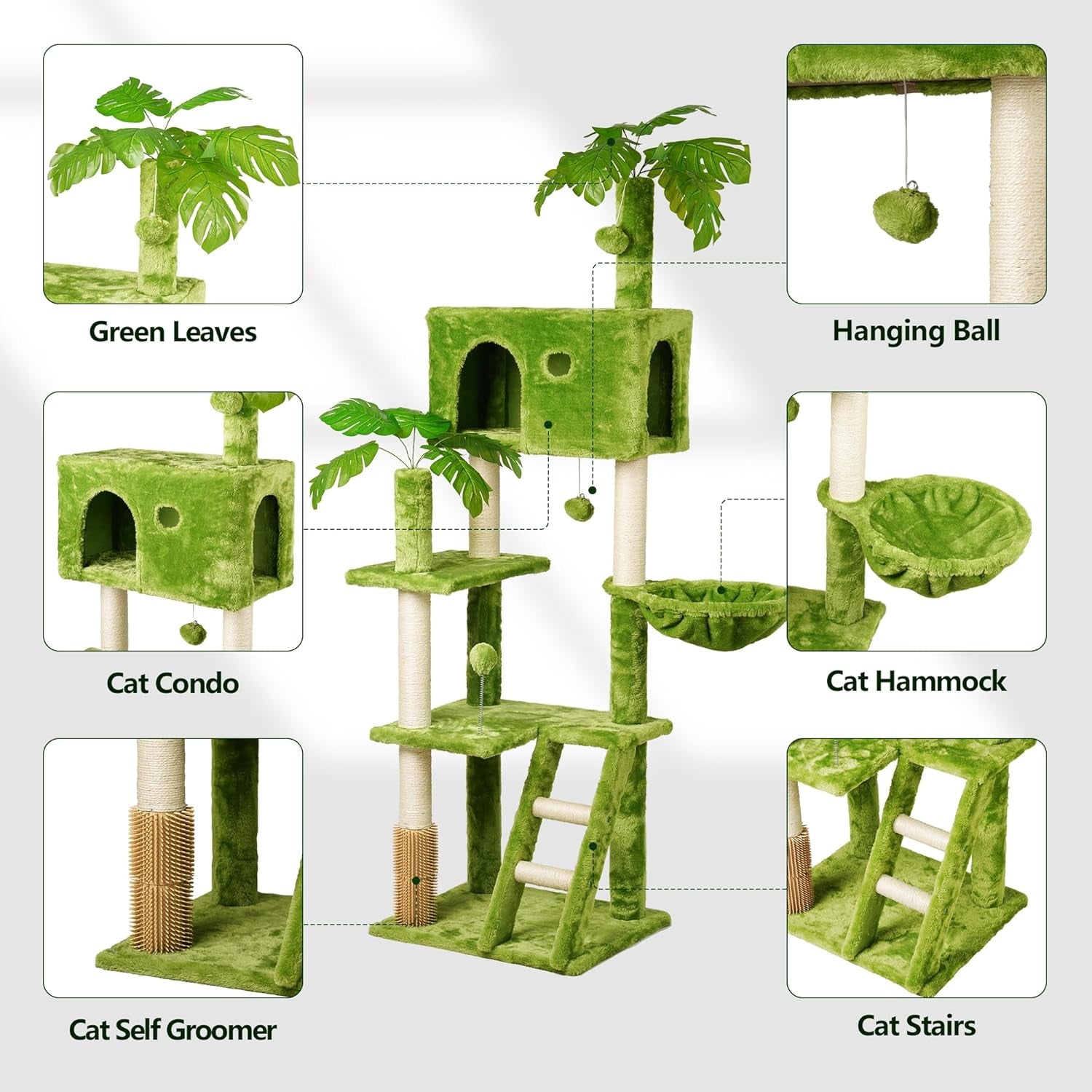 65In Tall Cat Tree with Leaves for Indoor Cats, Green Cat Tower with Scratching Post,Hanging Hammock,Cozy Perch,Swing Ball,Self Groomer and Cat Ladder,Cat Tree Tower