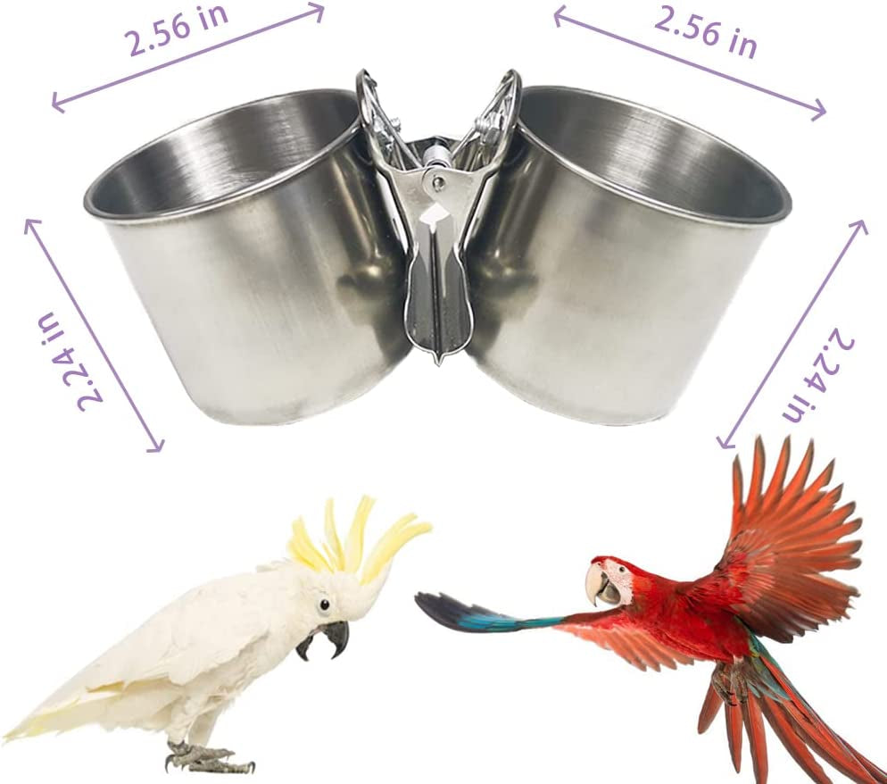 Bird Feeding Cups - Parrot Food Dish Stainless Steel Parrot Feeders Water Cage Bowls with Clamp Holder for Parakeet African Greys Conure Cockatiels Budgies Chinchilla Small Animal
