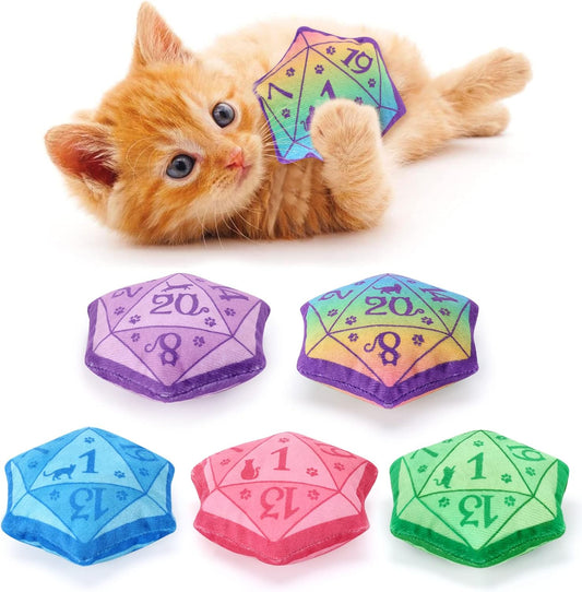 D20 Dice Catnip Toy, DND Interactive Cat Toy Gifts for Role Playing Tabletop Game Soft Plush Funny Cute Kitten Teething Chew Pet Supplies Cat Lover Witchy Gift Idea Dnd Accessories Set of 5