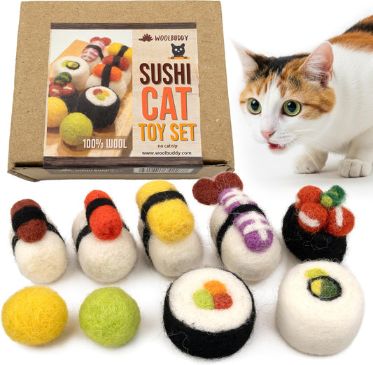 Sushi Cat Toy Set (9 Pcs) – Interactive Wool Felt Kitty Toys for Indoor Cats & Kittens, Catnip-Free, Durable, Cute & Enriching Play for Bored Cats